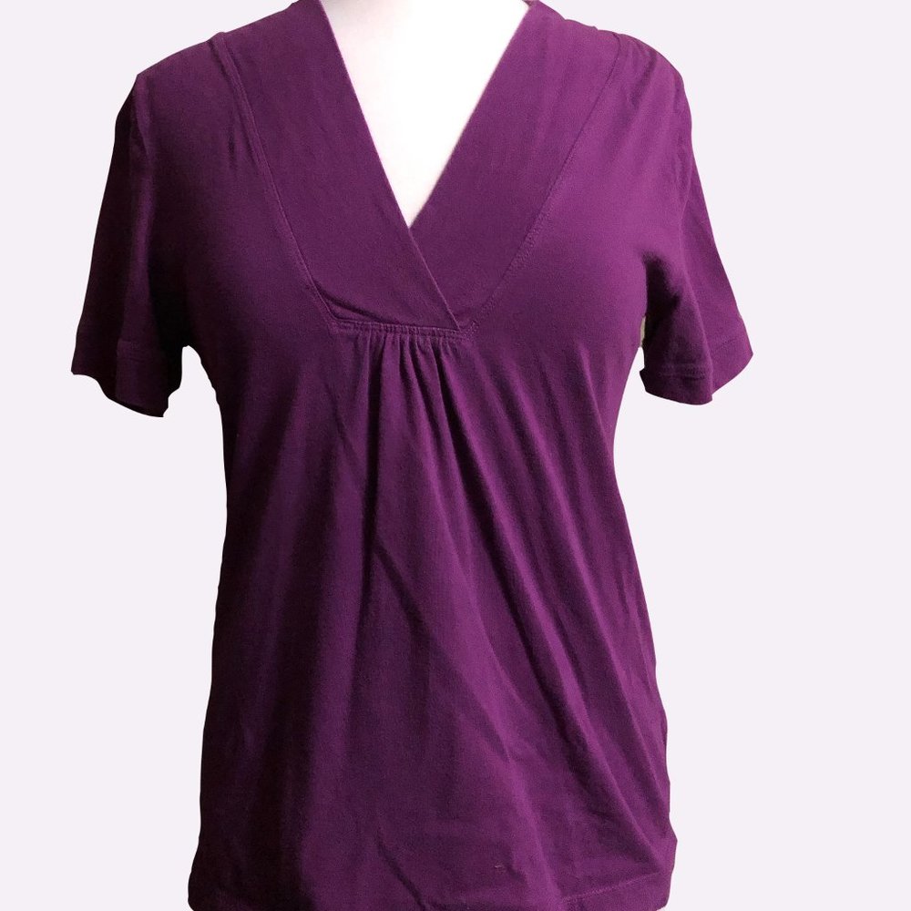 Covington Sport Purple V-Neck Top Cotton Ribbed Pleated Short Sleeve Small S